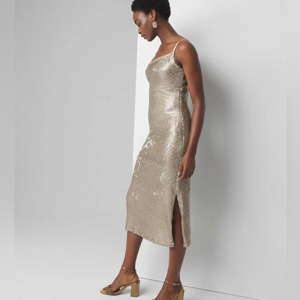 WHBM CHAMPAGNE COWL NECK SEQUIN MIDI DRESS